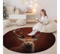 Round Area Rug Fantasy Art Deer 90 cm, Washable Living Room Round Carpet Non-Slip Stain Rug Brick Red, For Bedroom Hall Kids Baby Room, Hallway Runners Carpet Mat