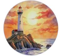 Round Area Rug for Bedroom, 120 cm Washable Kids Rug for Baby Nursery, Non-Slip Circle Carpet Oil Painting Of Coastline Lighthouse for Teen Dorm Playroom Tent, Orange Color