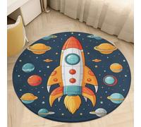 Round Area Rug for Bedroom 2.5' Ultra Thin 0.2" Rocket Clipart Space Ship Floor Carpet Coral Velvet Low Pile Non-Slip Circular Mat for Nursery Room Entryway Dorm Home Decor Aesthetic