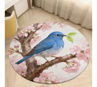 Round Area Rug for Bedroom 2' Ultra Thin 0.2" Birds on Cherry Blossom Tree Floor Carpet Coral Velvet Low Pile Non-Slip Circular Mat for Nursery Room Entryway Dorm Home Decor