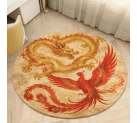 Round Area Rug for Bedroom 3' Ultra Thin 0.2" Dragon Phoenix Floor Carpet Coral Velvet Low Pile Non-Slip Circular Mat for Nursery Room Entryway Dorm Home Decor