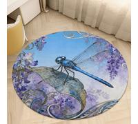 Round Area Rug for Bedroom 3' Ultra Thin 0.2" Dragonfly Jacaranda Leaf Floor Carpet Coral Velvet Low Pile Non-Slip Circular Mat for Nursery Room Entryway Dorm Home Decor