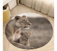 Round Area Rug for Bedroom 3' Ultra Thin 0.2" Lioness with Cub Floor Carpet Coral Velvet Low Pile Non-Slip Circular Mat for Nursery Room Entryway Dorm Home Decor Aesthetic