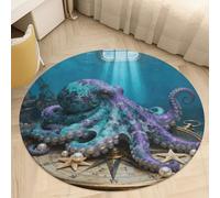 Round Area Rug for Bedroom 3' Ultra Thin 0.2" Octopus Shipwreck Compass Floor Carpet Coral Velvet Low Pile Non-Slip Circular Mat for Nursery Room Entryway Dorm Home Decor
