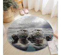 Round Area Rug for Girls Bedroom, 180 cm Washable Kids Rug for Baby Nursery, Non-Slip Circle Carpet Animal Otter for Teen Dorm Playroom Tent, Grey