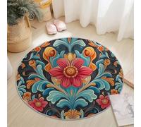 Round Area Rug for Girls Bedroom, 245 cm Washable Kids Rug for Baby Nursery, Non-Slip Circle Carpet Vintage Small Diamonds for Teen Dorm Playroom Tent, Yellow Red