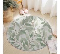 Round Area Rug for Girls Bedroom, 90 cm Washable Kids Rug for Baby Nursery, Non-Slip Circle Carpet Watercolor Eucalyptus Leaves for Teen Dorm Playroom Tent, Light Green