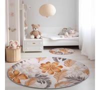 Round Area Rug for Living Room Bedroom Entryway 120cm - Beige Soft Durable Low Pile Carpet, Washable Fade-resistant Elegant Embroidered Tropical Floral Illustration Printed Home Decorative Mat
