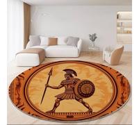 Round Area Rug for Living Room Bedroom Entryway 180cm - Orange-Yellow Soft Durable Low Pile Carpet, Washable Fade-resistant Traditional Ancient Greek Soldier Printed Home Decorative Mat