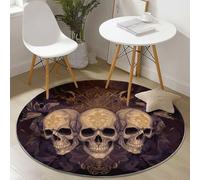 Round Area Rug, Gothic Skull Plants Pattern Floor Rugs, Machine Washable 60 cm Carpet Low Pile, Non Slip Soft Circle Carpet for Bedroom Living Room Kitchen Home Decor, Brown