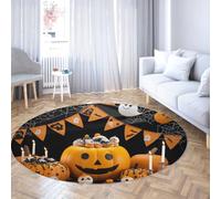 Round Area Rug Halloween Pumpkin Spider Web Design Washable Circular Carpet Non Skid Thin Low Pile Floor Mat for Nursery Entryway 140cm