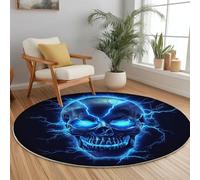 Round Area Rug, Lightning Gothic Skull Pattern Floor Rugs, Machine Washable 100 cm Carpet Low Pile, Non Slip Soft Circle Carpet for Bedroom Living Room Kitchen Home Decor, Blue Black