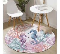 Round Area Rug Marine Life Seahorse Coral Theme, 150 cm Plush Fluffy Round Rugs for Sofa Bedroom Living Room Kids Room, Non Slip Machine Washine Bedside Circle Carpet, White