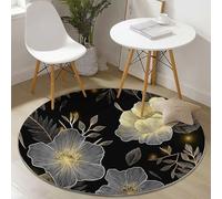 Round Area Rug, Minimalism Plants Flowers Lines Pattern Floor Rugs, Machine Washable 120 cm Carpet Low Pile, Non Slip Soft Circle Carpet for Bedroom Living Room Kitchen Home Decor, Black Yellow