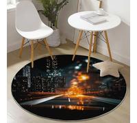 Round Area Rug, Modern Photography Urban Architecture Pattern Floor Rugs, Machine Washable 200 cm Carpet Low Pile, Non Slip Soft Circle Carpet for Bedroom Living Room Kitchen Home Decor, Black Orange