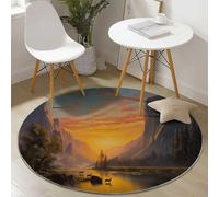 Round Area Rug, Nature Mountains Rivers Pattern Floor Rugs, Machine Washable 100 cm Carpet Low Pile, Non Slip Soft Circle Carpet for Bedroom Living Room Kitchen Home Decor, Orange Gray