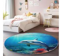 Round Area Rug Non Slip 90cm, Soft Flannel Non Shedding Seaside Dolphins Coral Reefs Print Washable Colorful Round Rugs - for Entryway Living Room Bedroom Carpet