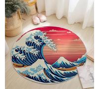 Round Area Rug Oriental Cartoon Ocean Waves Theme, 100 cm Plush Fluffy Round Rugs for Sofa Bedroom Living Room Kids Room, Non Slip Machine Washine Bedside Circle Carpet, Red Blue