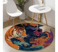 Round Area Rug Oriental Traditional Art Animal Elements Theme, 100 cm Plush Fluffy Round Rugs for Sofa Bedroom Living Room Kids Room, Non Slip Machine Washine Bedside Circle Carpet, Blue-Green