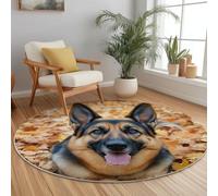 Round Area Rug, Photography Sheepdog Animals Fallen Leaves Pattern Floor Rugs, Machine Washable 100 cm Carpet Low Pile, Non Slip Soft Circle Carpet for Bedroom Living Room Home Decor, Yellow Brown