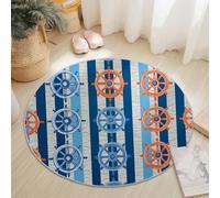 Round Area Rug Retro Sailing Elements Ship'S Wheel Theme, 180 cm Plush Fluffy Round Rugs for Sofa Bedroom Living Room Kids Room, Non Slip Machine Washine Bedside Circle Carpet, Blue