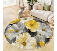 Round Area Rug Soft Circle Carpet Rug Short Pile Non Slip Washable Daisy Cosmos Pattern Floor Round Rugs For Living Room Bedroom(Yellow Plant And Flower Design)