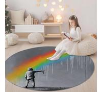 Round Area Rug Street Art Rainbow 90 cm, Washable Living Room Round Carpet Non-Slip Stain Rug Grey, For Bedroom Hall Kids Baby Room, Hallway Runners Carpet Mat