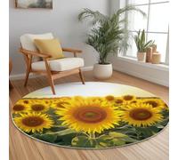 Round Area Rug, Sunflowers Photography Fields Sunshine Pattern Floor Rugs, Machine Washable 90 cm Carpet Low Pile, Non Slip Soft Circle Carpet for Bedroom Living Room Kitchen Home Decor, Yellow Green