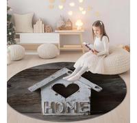 Round Area Rug Village House Old 60 cm, Washable Living Room Round Carpet Non-Slip Stain Rug Khaki, For Bedroom Hall Kids Baby Room, Hallway Runners Carpet Mat