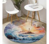 Round Area Rug, Watercolor Island Lighthouse Sea Pattern Floor Rugs, Machine Washable 60 cm Carpet Low Pile, Non Slip Soft Circle Carpet for Bedroom Living Room Kitchen Home Decor, Blue Orange