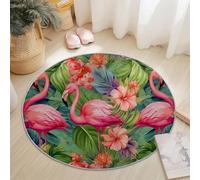 Round Area Rug Watercolor Tropical Flowers Flamingo Theme, 180 cm Plush Fluffy Round Rugs for Sofa Bedroom Living Room Kids Room, Non Slip Machine Washine Bedside Circle Carpet, Green