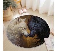 Round Area Rugs 100 cm Shaggy Soft Circle Area Rugs Dark Fantasy Animal Wolf Theme for Bedroom Home Office Dining Room College Dorm, Washable Non Slip Round Carpets Black White