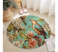 Round Area Rugs 100 cm Shaggy Soft Circle Area Rugs Retro Flowers Birds Theme for Bedroom Home Office Dining Room College Dorm, Washable Non Slip Round Carpets Light Green