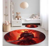 Round Area Rugs 100 x 100 cm, Fantasy Flames Warriors Theme Washable No Shedding Circle Rug, Soft Durable Carpet Mat for Indoor Bedroom Bedside Kitchen Decorative, Red