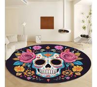 Round Area Rugs 120 cm Carpet, Horror Skull Rose Flower Printed Decor Rugs, Horror Art Low Pile Non-Slip Circle Rugs, Pet & Child Friendly Carpets, for Living Room, Bedroom