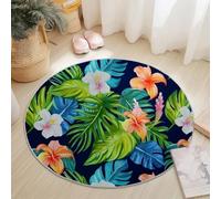 Round Area Rugs 120 cm, Plants Watercolor Leaves Theme Washable No Shedding Circle Rug, Soft Durable Carpet Mat for Indoor Bedroom Bedside Kitchen Decorative, Dark Blue