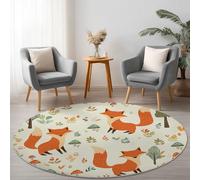 Round Area Rugs 120 cm Washable Simple Woodland Animal Fox Round Rug Non Slip Indoor Circle Rug Floor Carpet for Living Room Kids Room Light Green