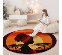 Round Area Rugs 120cm, Modern Anime African Woman Printed Decor Rug - Brownish Red Low Pile Non-Slip Circle Rugs, Pet & Child Friendly Carpets for Living Room Bedroom