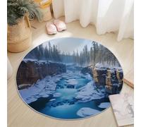 Round Area Rugs 150 cm, Nature Winter River Theme Washable No Shedding Circle Rug, Soft Durable Carpet Mat for Indoor Bedroom Bedside Kitchen Decorative, Blue