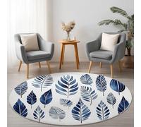 Round Area Rugs 160 cm, Soft Washable Blue Area Rug, Abstract Lines Bohemian Palm Leaves Print Non Slip Carpet for Living Room Dining Room Bedroom Entryway, Easy To Clean