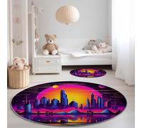 Round Area Rugs 180 cm, Fantasy City Architecture Sun Theme Washable No Shedding Circle Rug, Soft Durable Carpet Mat for Indoor Bedroom Bedside Kitchen Decorative, Dark Purple