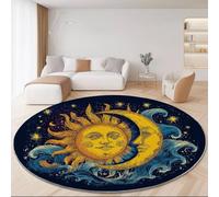 Round Area Rugs 180 cm for Living Room, Vintage Celestial Elements Sun Moon Pattern Soft Round Area Rug Washable Non Slip Circle Carpet for Bedroom Nursery Kitchen Home Decor, Dark Blue