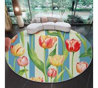 Round Area Rugs 180 cm, Soft Washable Pink Area Rug, Hand-Drawn Tulips Delicate Floral Print Non Slip Carpet for Living Room Dining Room Bedroom Entryway, Easy To Clean