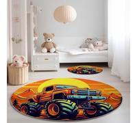 Round Area Rugs 180 x 180 cm, Cartoon Mountains Monster Truck Theme Washable No Shedding Circle Rug, Soft Durable Carpet Mat for Indoor Bedroom Bedside Kitchen Decorative, Orange Color