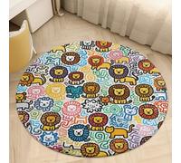 Round Area Rugs 2.5' Non Slip Coral Velvet Entry Mat Absorbent Soft Low-Pile Little Lion Doodle Throw Rug Boho Washable Floor Carpet for Bedroom Living Room Bathroom Home Decor