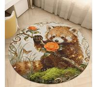 Round Area Rugs 2.5' Non Slip Coral Velvet Entry Mat Absorbent Soft Low-Pile Red Panda Camellia Throw Rug Boho Washable Floor Carpet for Bedroom Living Room Bathroom Home Decor