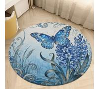 Round Area Rugs 2' Non Slip Coral Velvet Entry Mat Absorbent Soft Low-Pile Butterfly Hyacinth Cluster Throw Rug Boho Washable Floor Carpet for Bedroom Living Room Bathroom Home Decor
