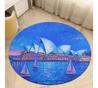 Round Area Rugs 2' Non Slip Coral Velvet Entry Mat Absorbent Soft Low-Pile Sydney Opera House Blue Night Throw Rug Boho Washable Floor Carpet for Bedroom Living Room Bathroom Dorm Home Decor
