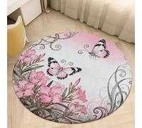 Round Area Rugs 3' Non Slip Coral Velvet Entry Mat Absorbent Soft Low-Pile Butterfly Oleander Cluster Throw Rug Boho Washable Floor Carpet for Bedroom Living Room Bathroom Home Decor