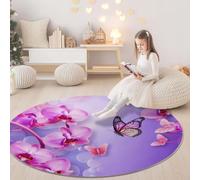 Round Area Rugs 90cm, 3D Delicate Butterfly Orchid Printed Decor Rug - Purple Low Pile Non-Slip Circle Rugs, Pet & Child Friendly Carpets for Living Room Bedroom